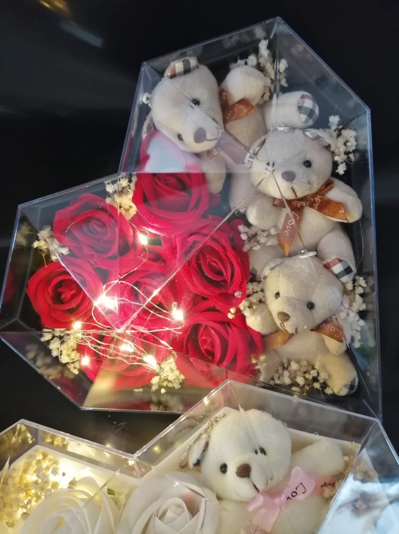 Güllü ışıklı ayıcık kalpli kutu