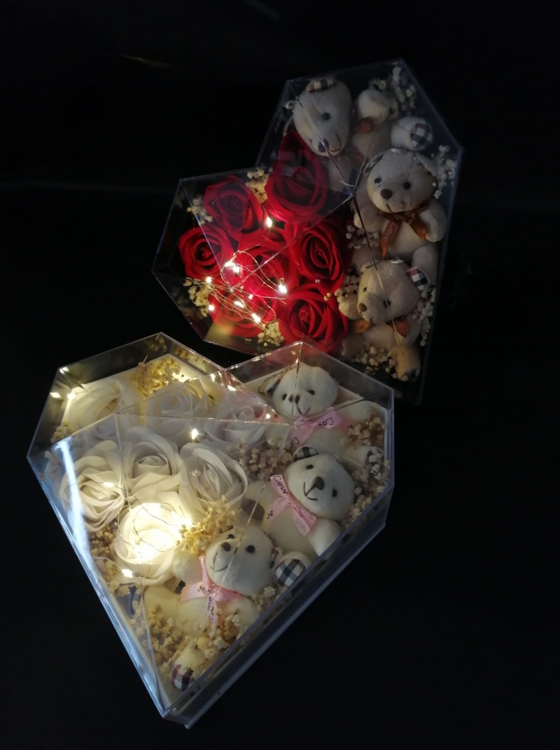 Güllü ışıklı ayıcık kalpli kutu